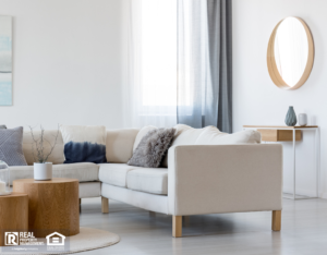 Fully Furnished Living Room with White Couch